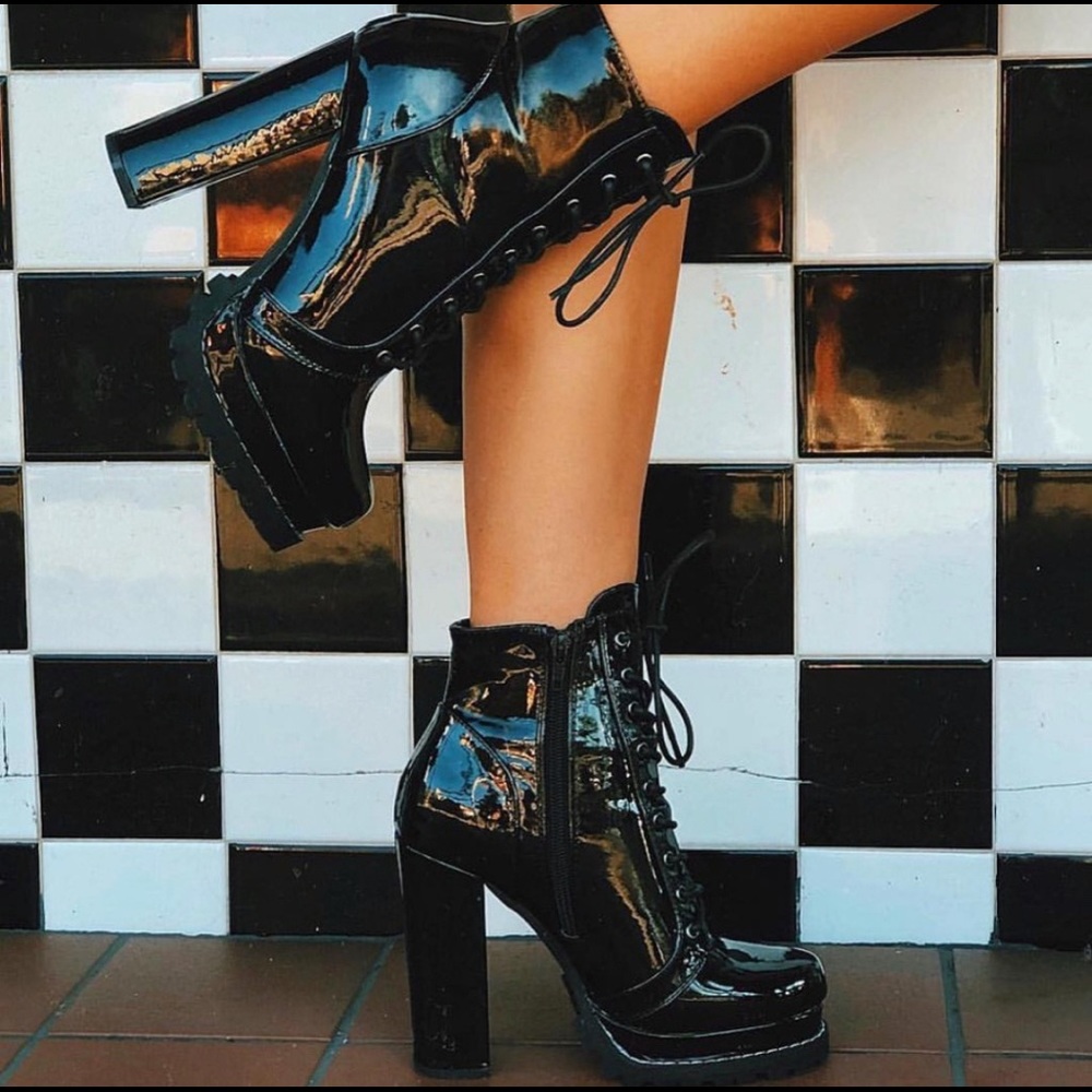 Black Platform Lace Up High Heel Booties